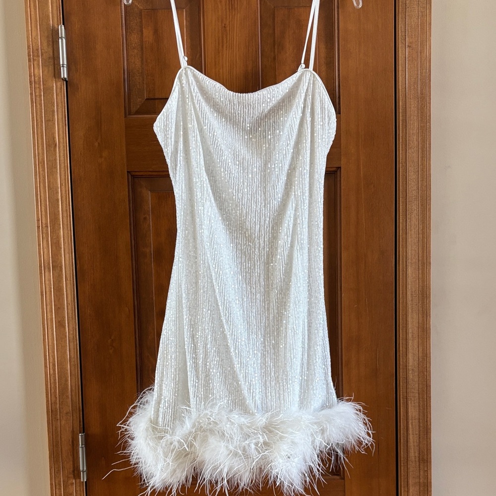 Lulu's White Shimmer Feather-Trim Mini Dress